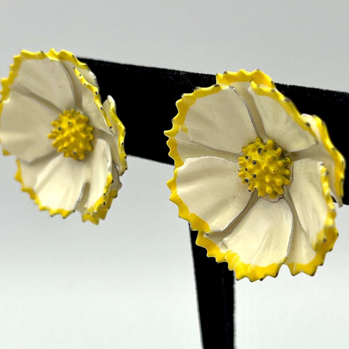 Late 60s/ Early 70s Yellow & White Enamel Flower Earrings