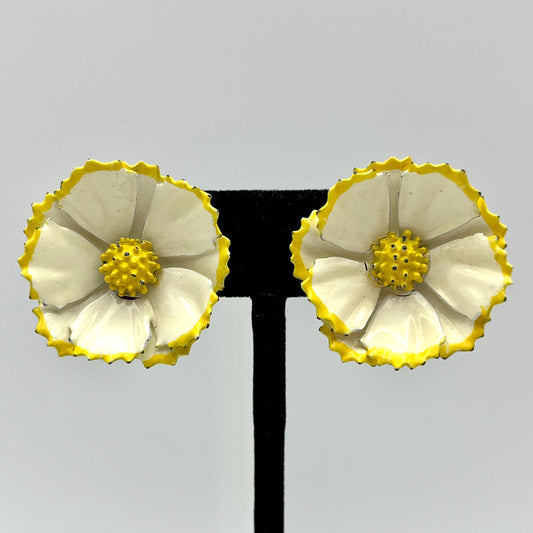 Late 60s/ Early 70s Yellow & White Enamel Flower Earrings