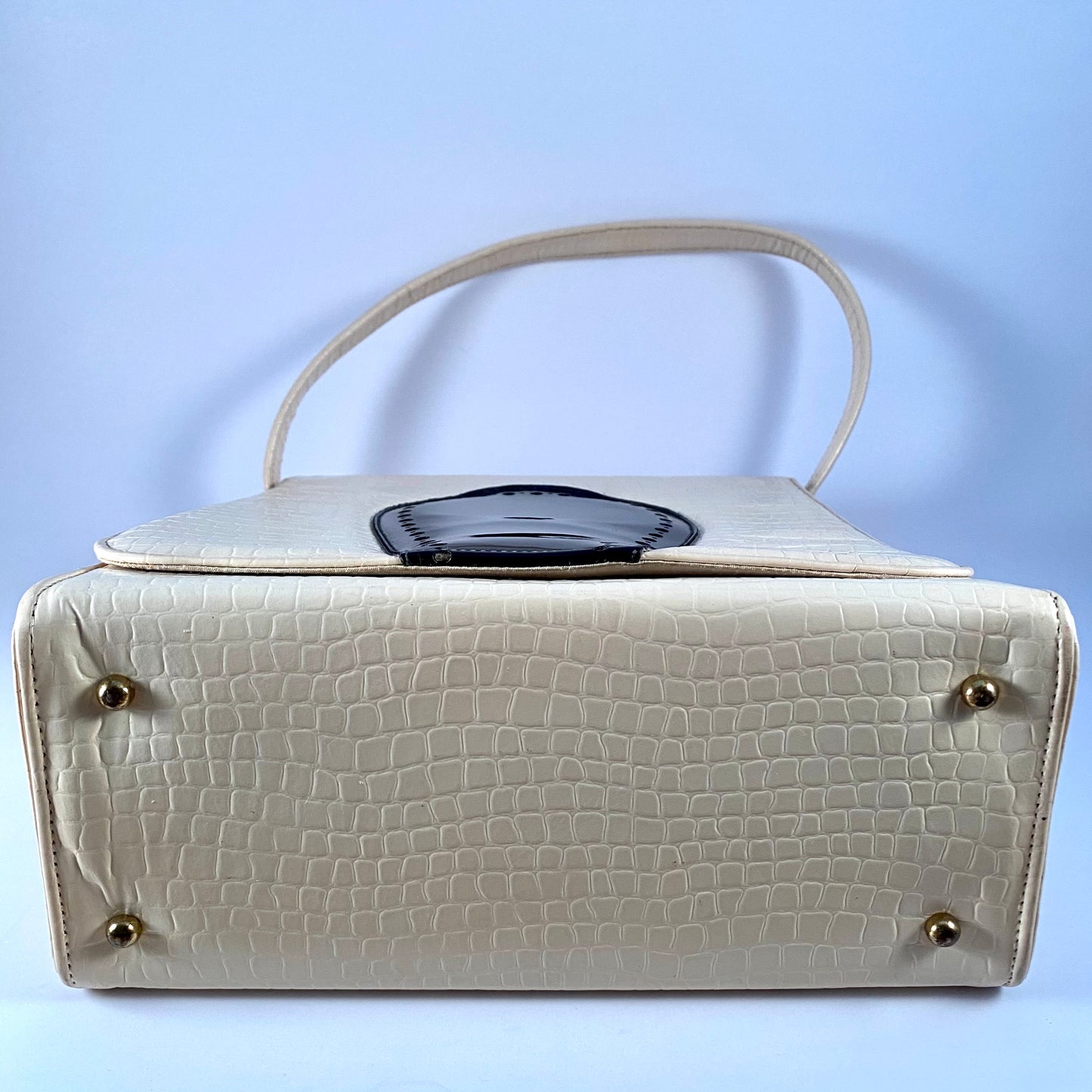 1950s Ivory & Black Patent Leather Front Flap Handbag