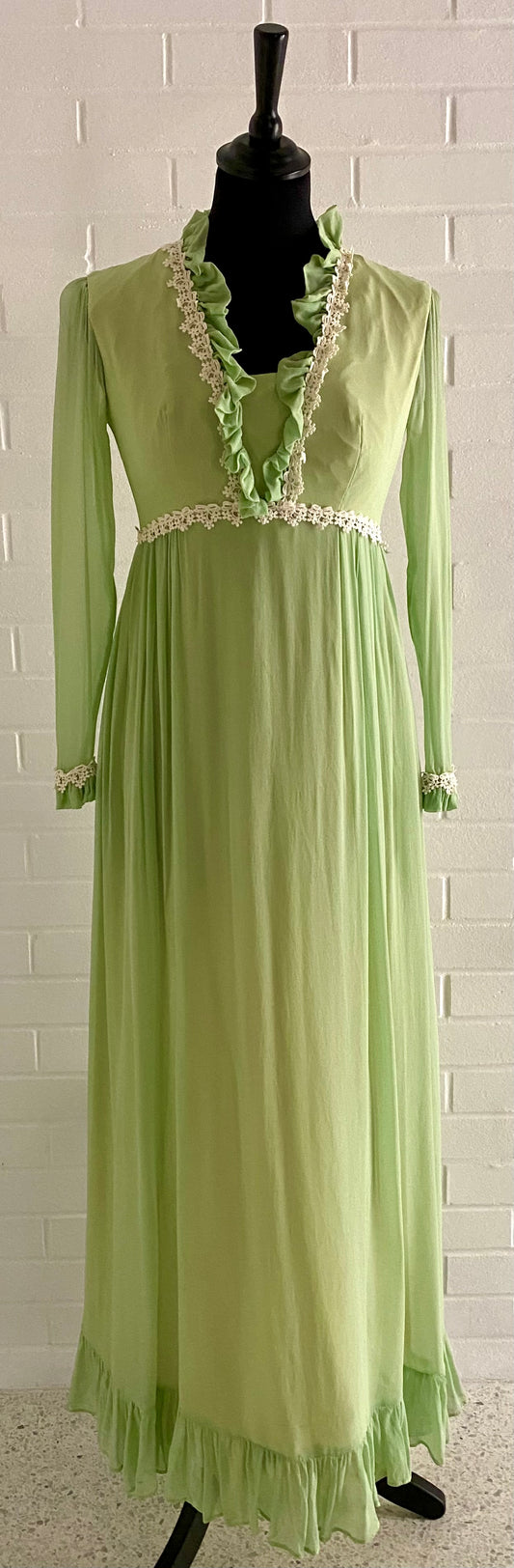 1960s Light Green Chiffon & Taffeta Maxi Dress