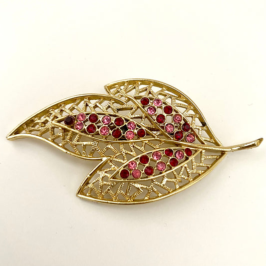 1960s Rhinestone & Gold-Tone Leaf Brooch