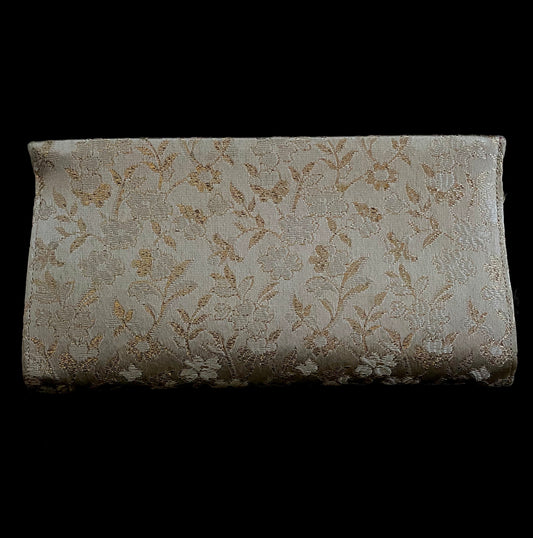 1960s Gold & Ivory Jacquard Taffeta Fabric Clutch - Retro Kandy Vintage