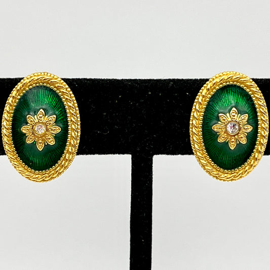 1960s Gold-Tone & Green Enamel Oval Earrings