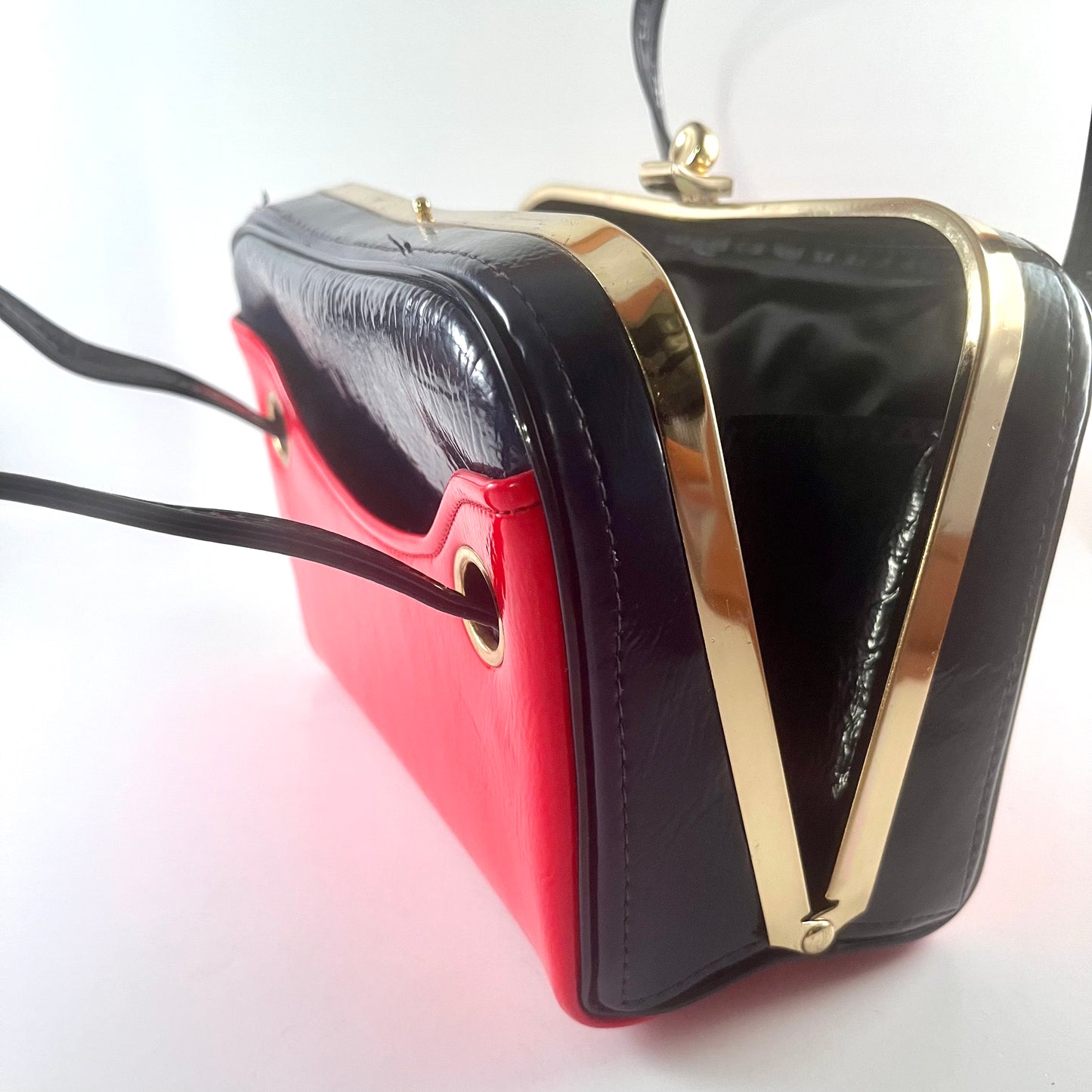 1960s Navy & Red Patent Leather Box Handbag