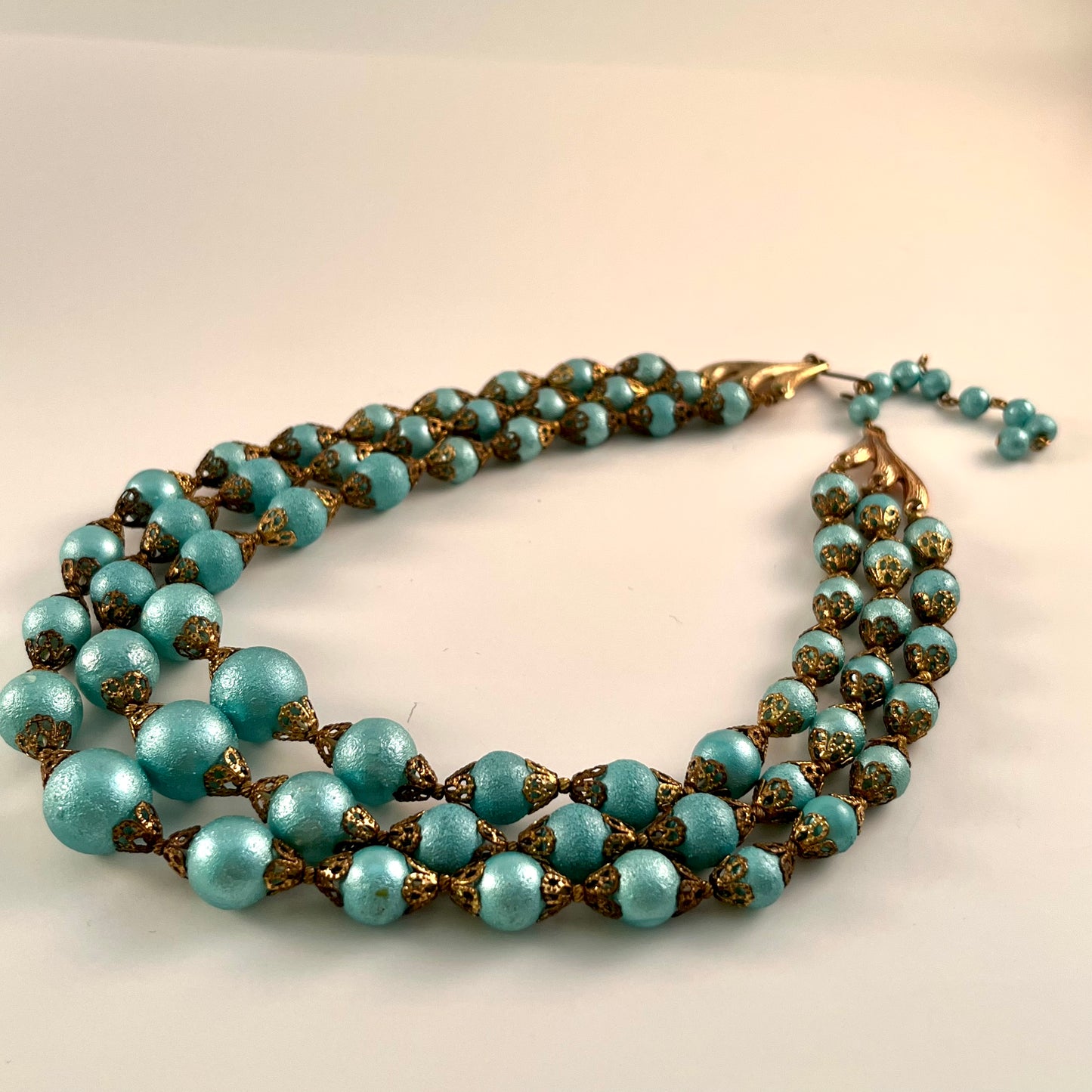 1960s Three Strand Aqua Bead Necklace