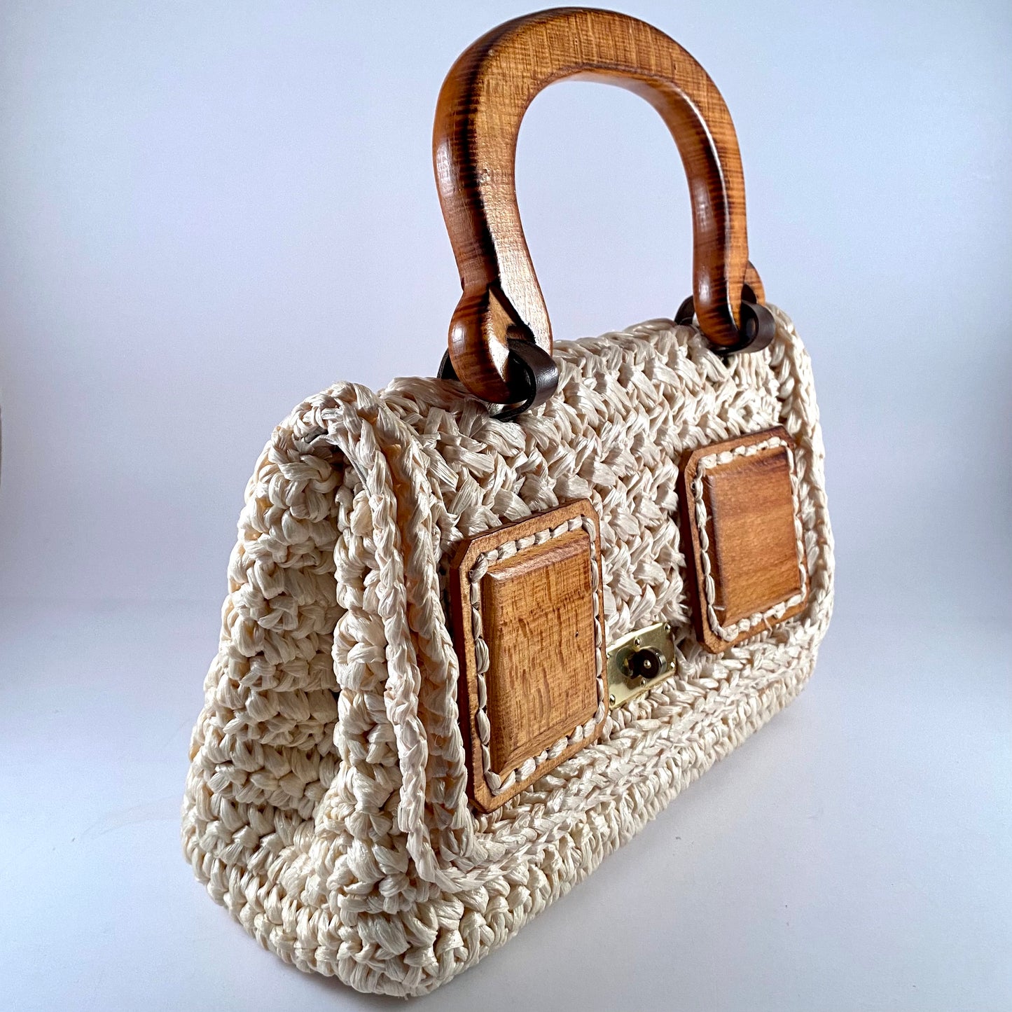 1960s Made In Japan Raffia Straw & Wood Purse