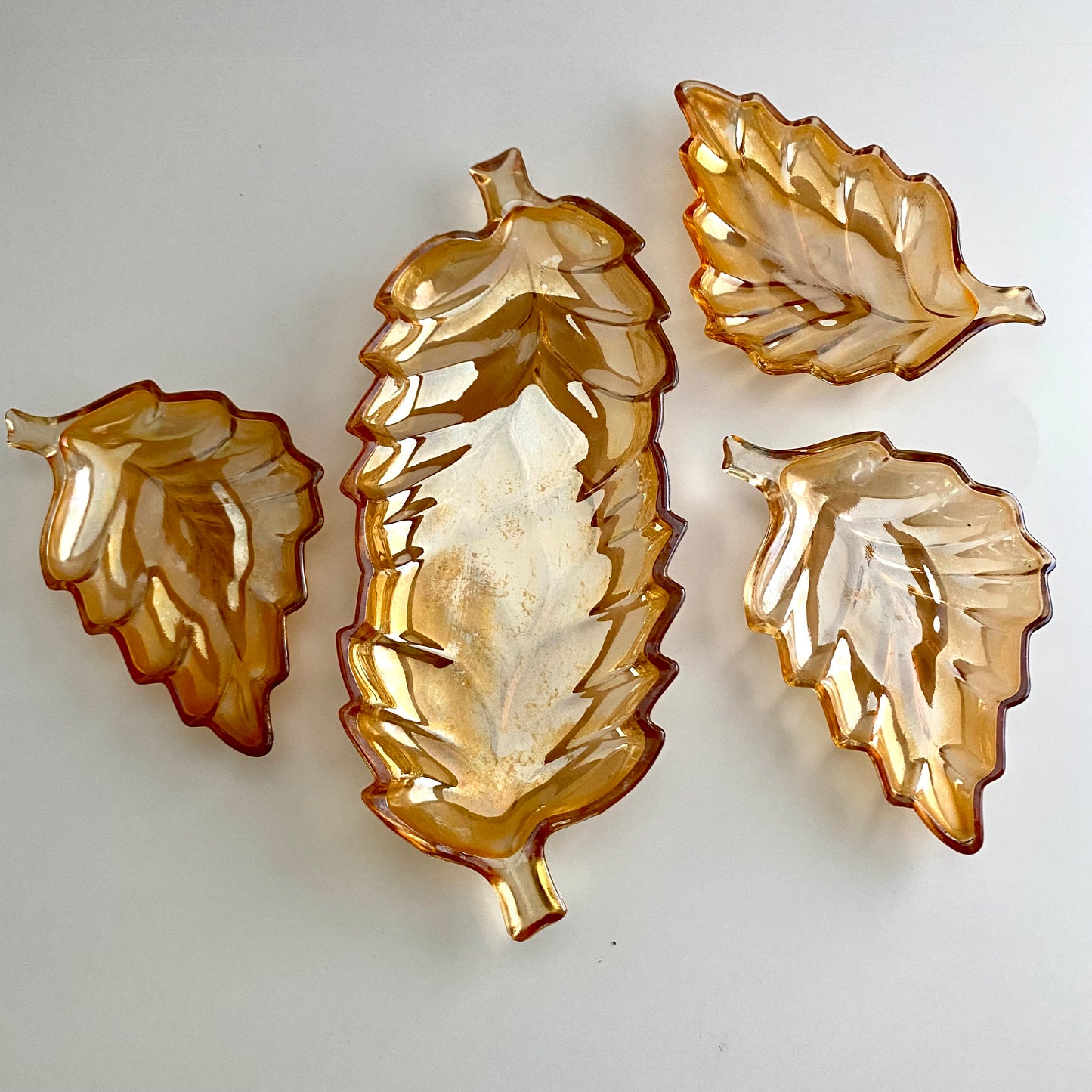 1960s Carnival Glass Leaf Dish Set