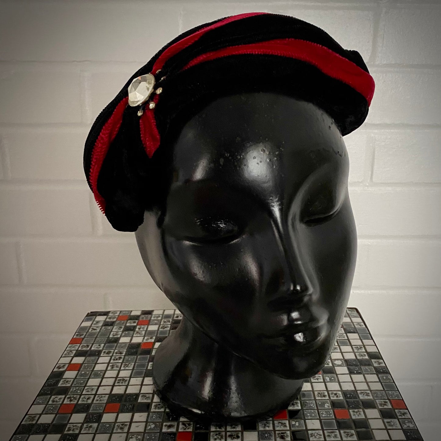 1950s Black & Red Velvet Calot Hat