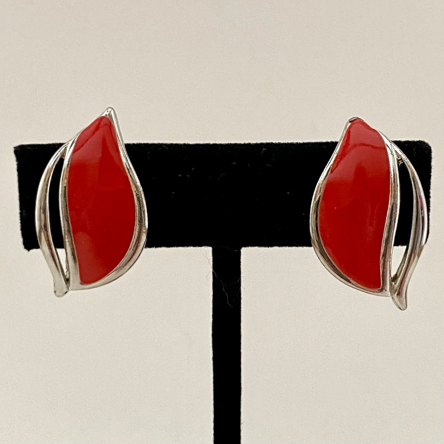 1980s Red & Silver Abstract Leaf Earrings