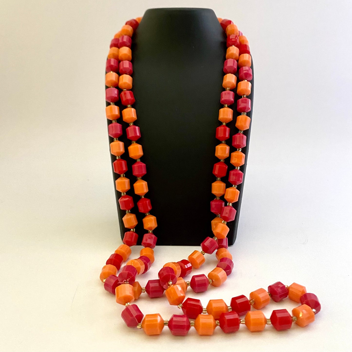 1960s Hong Kong Red & Orange 56" Bead Necklace