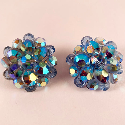 1960s Blue Aurora Borealis Bead Earrings