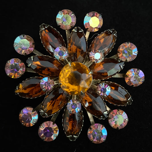 Late 50s/ Early 60s Rhinestone & Aurora Borealis Flower Brooch