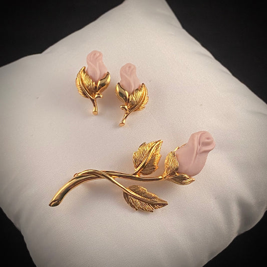 1994 Avon Porcelain Rose Pin & Pierced Earrings - Retro Kandy Vintage