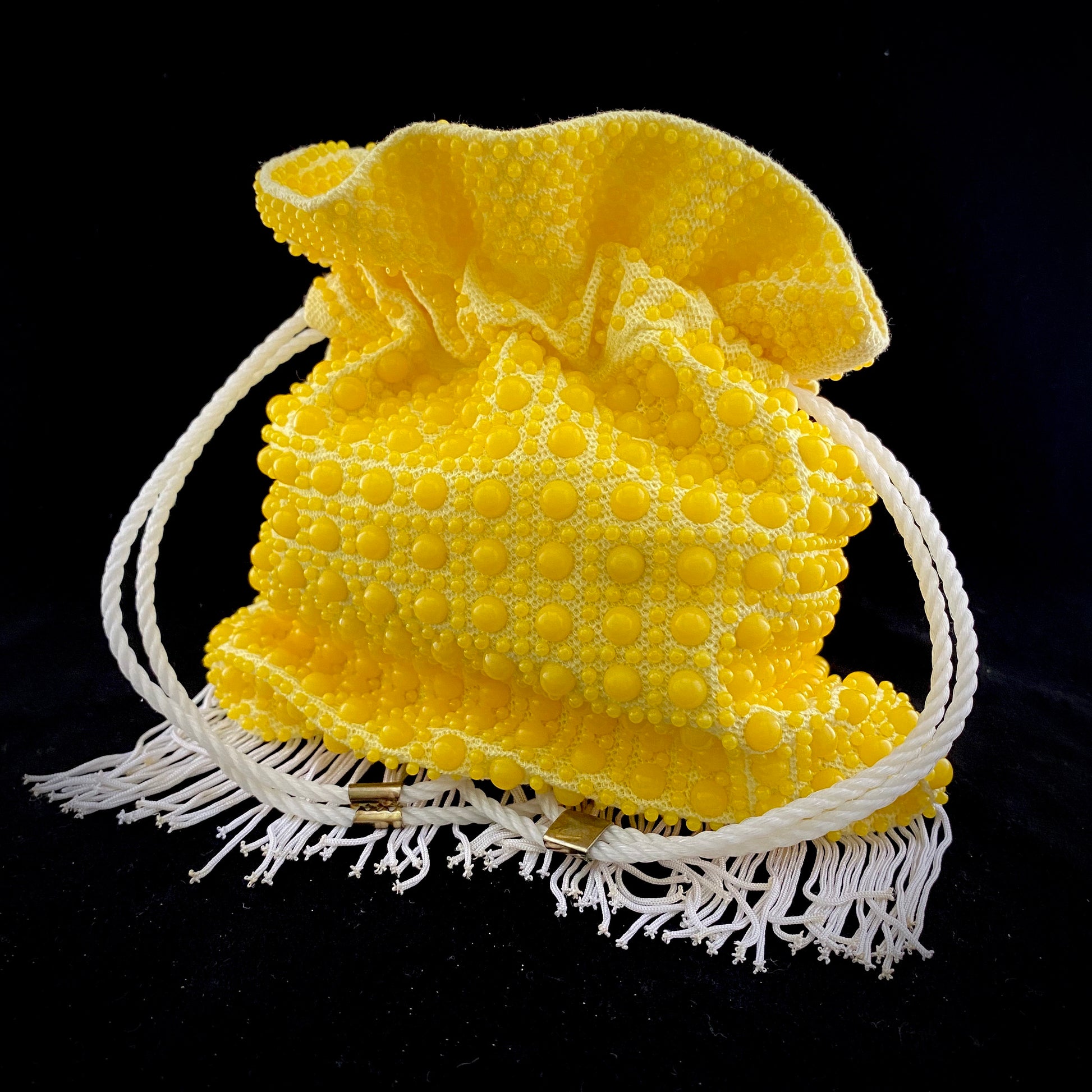 1960s Yellow Beaded Drawstring Bag - Retro Kandy Vintage