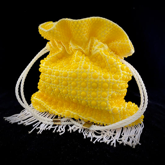 1960s Yellow Beaded Drawstring Bag - Retro Kandy Vintage