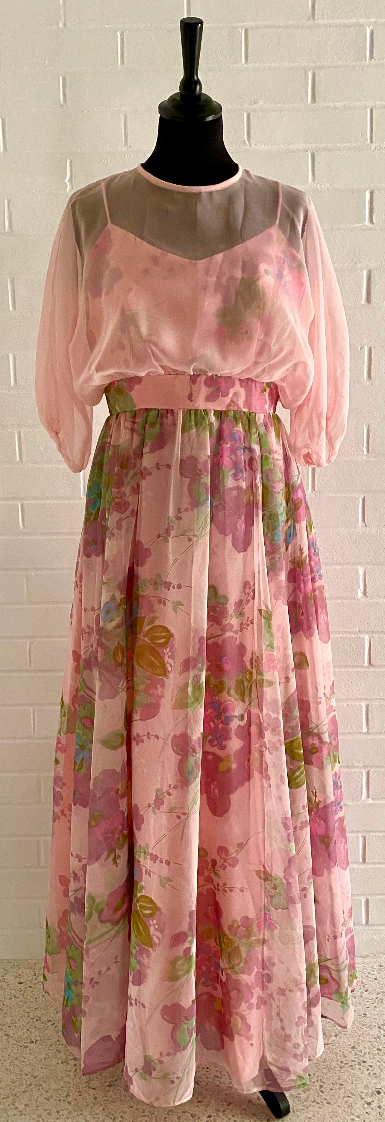 Late 60s/ Early 70s Flowered Organza & Chiffon Maxi Dress