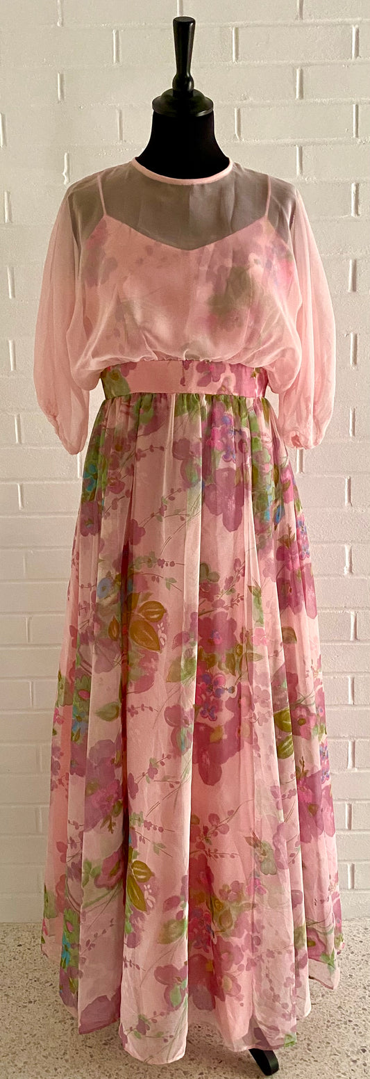 Late 60s/ Early 70s Flowered Organza & Chiffon Maxi Dress