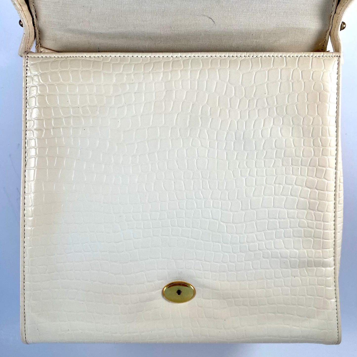 1950s Ivory & Black Patent Leather Front Flap Handbag