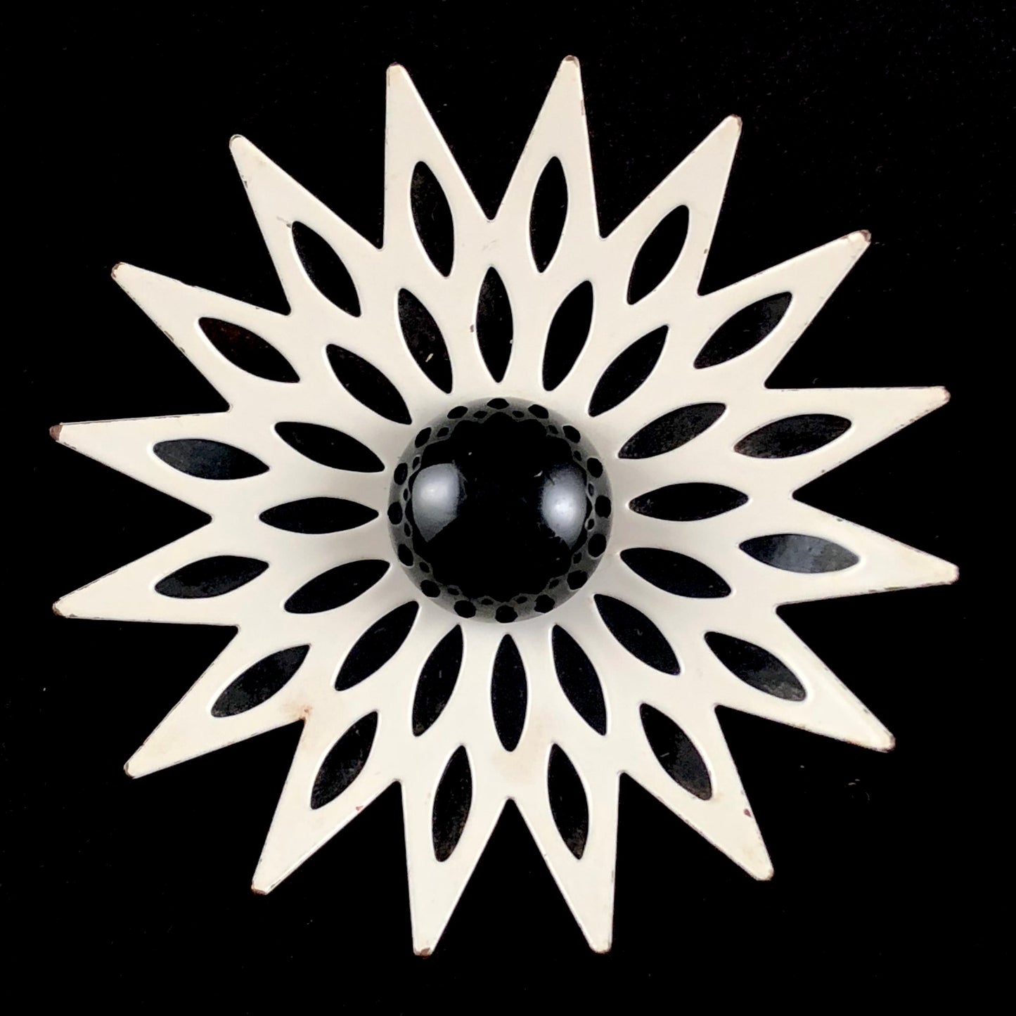 Late 60s/ Early 70s Black & White Enamel Flower Brooch - Retro Kandy Vintage