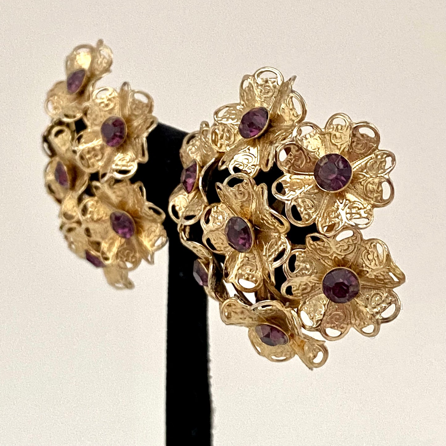 1960s Purple Rhinestone Flower Bouquet Earrings