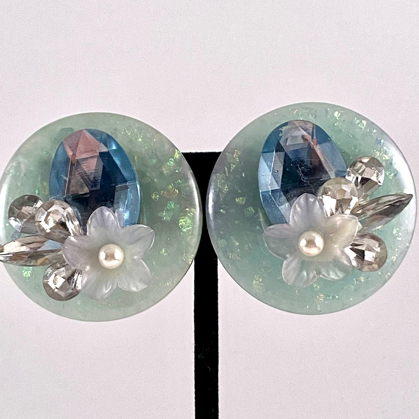 1950s Confetti Lucite Rhinestone Flower Earrings