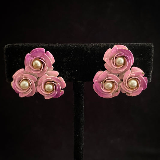1960s Coro Pink and Purple Rose Earrings - Retro Kandy Vintage