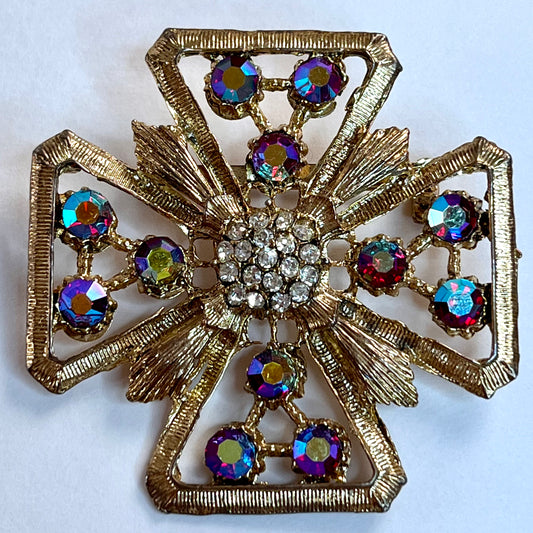 1960s Unsigned Maltese Cross Rhinestone Brooch