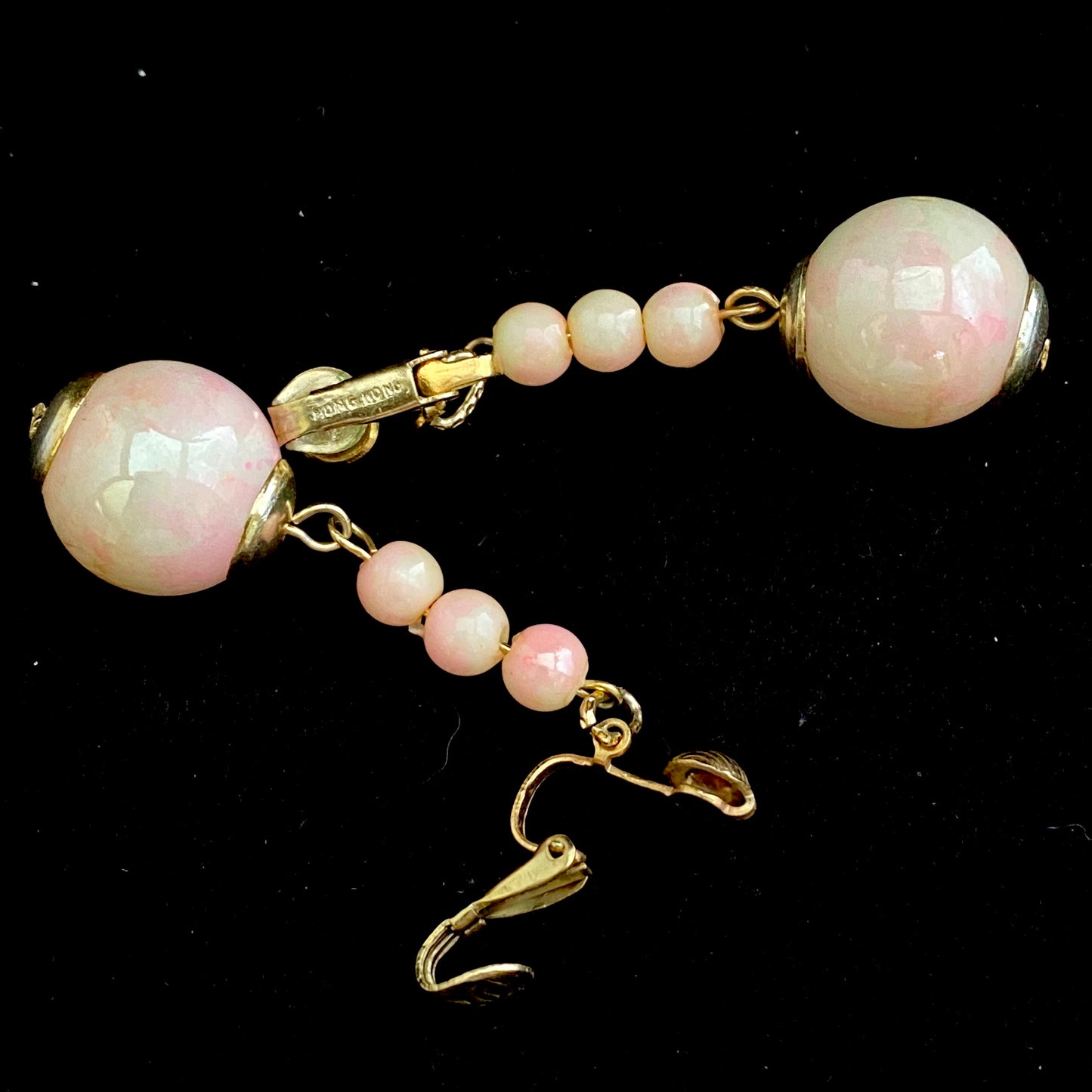 1960s Hong Kong Pink Marbled Bead Earrings
