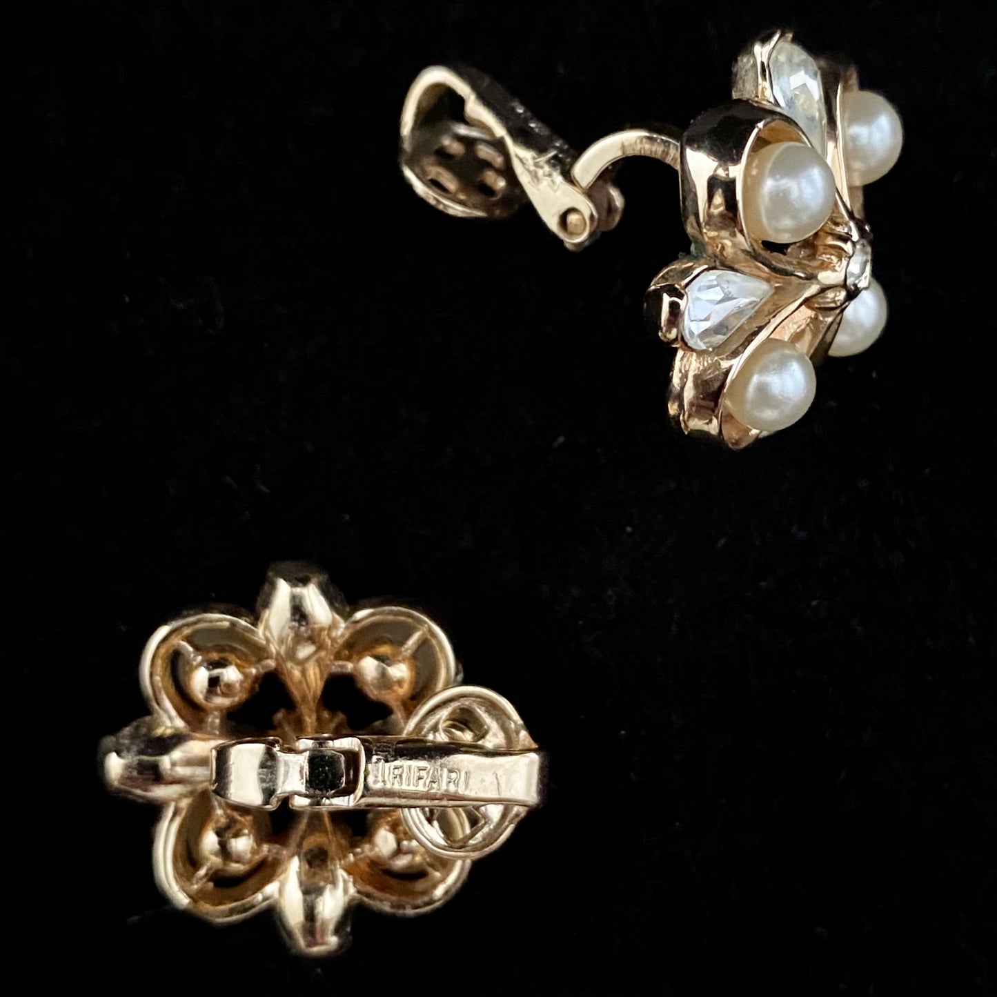 Late 50s/ Early 60s Crown Trifari Rhinestone & Pearl Earrings