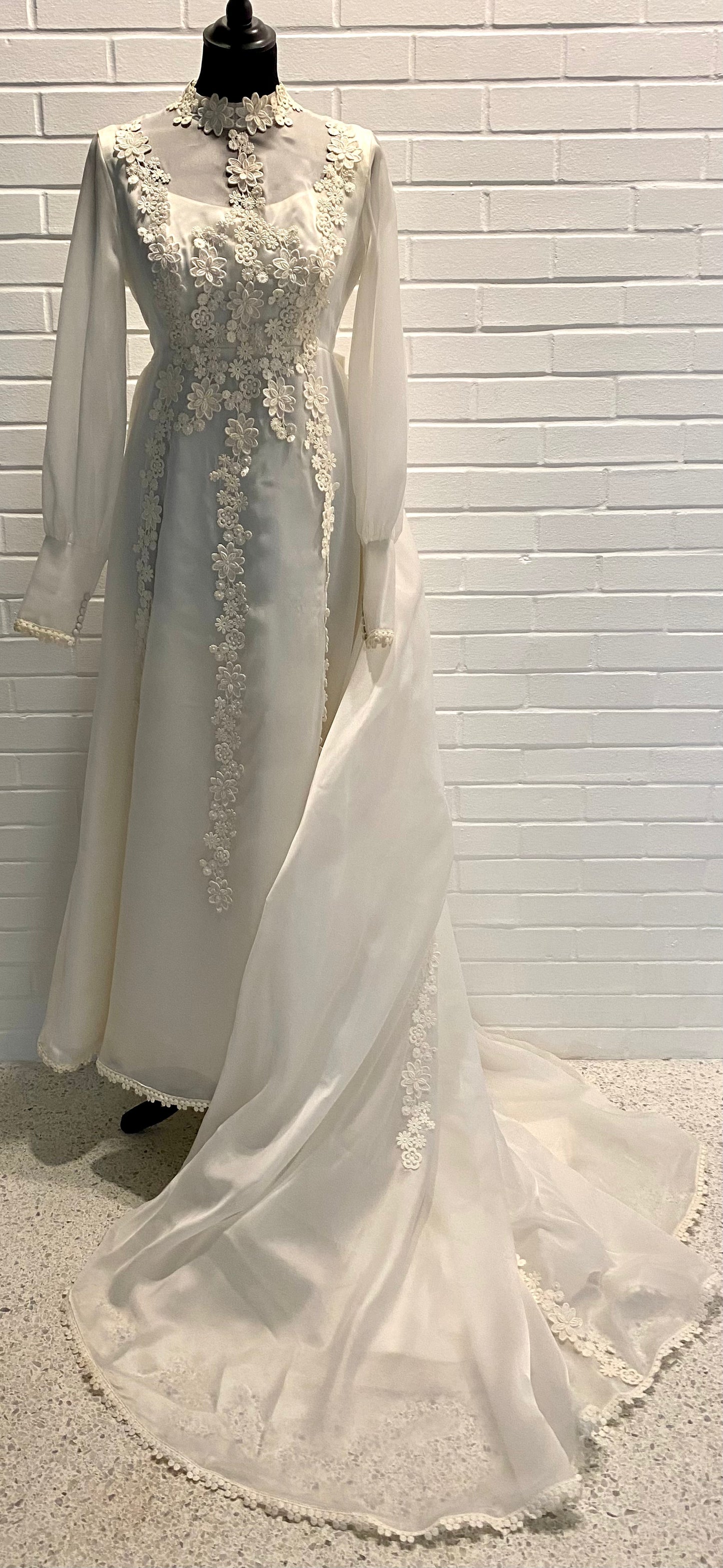 Late 60s/ Early 70s Bridal Originals Wedding Dress, Detachable Train & Veil