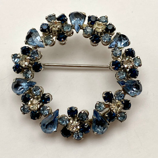 Late 50s/ Early 60s Shades of Blue Rhinestone Circle Brooch