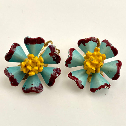 Late 60s/ Early 70s Unique Enamel Flower Earrings