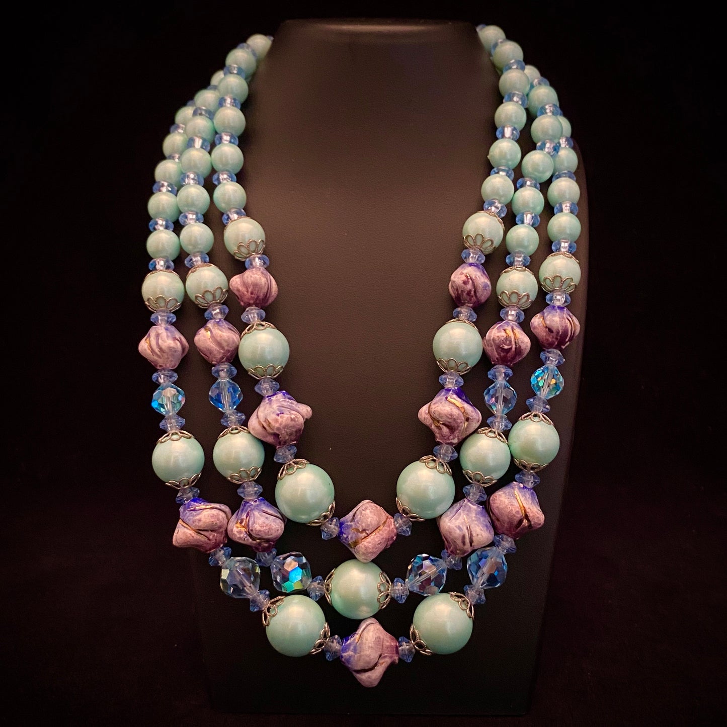 1960s 3 Strand Aqua Bead Necklace