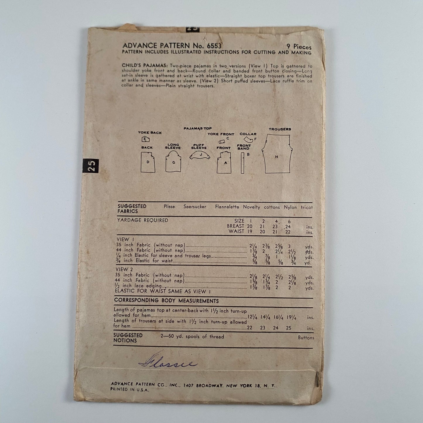 1940s Advance Child's Pajama Pattern No.6553