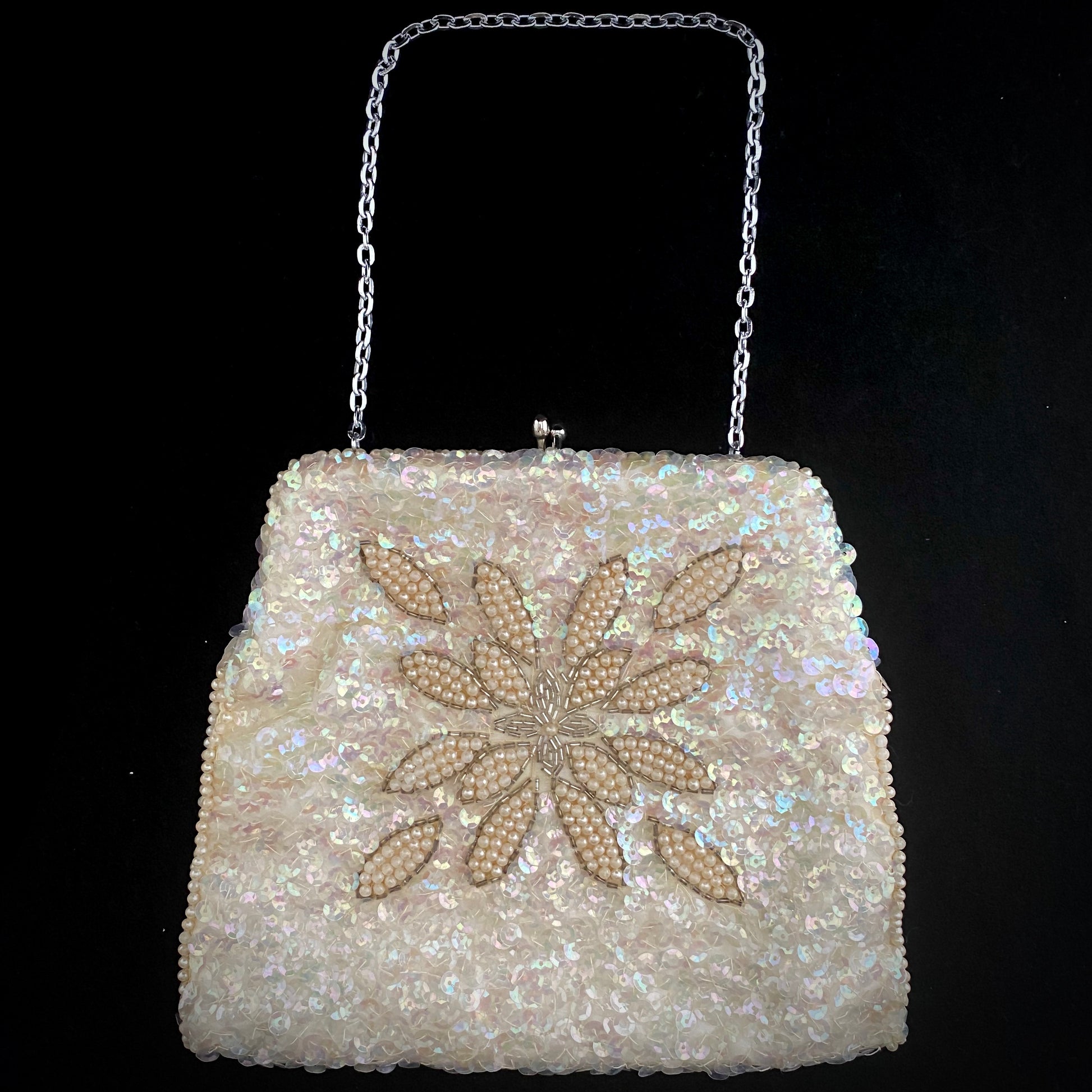 La Regale White Satin Pearl Beaded Clutch Purse