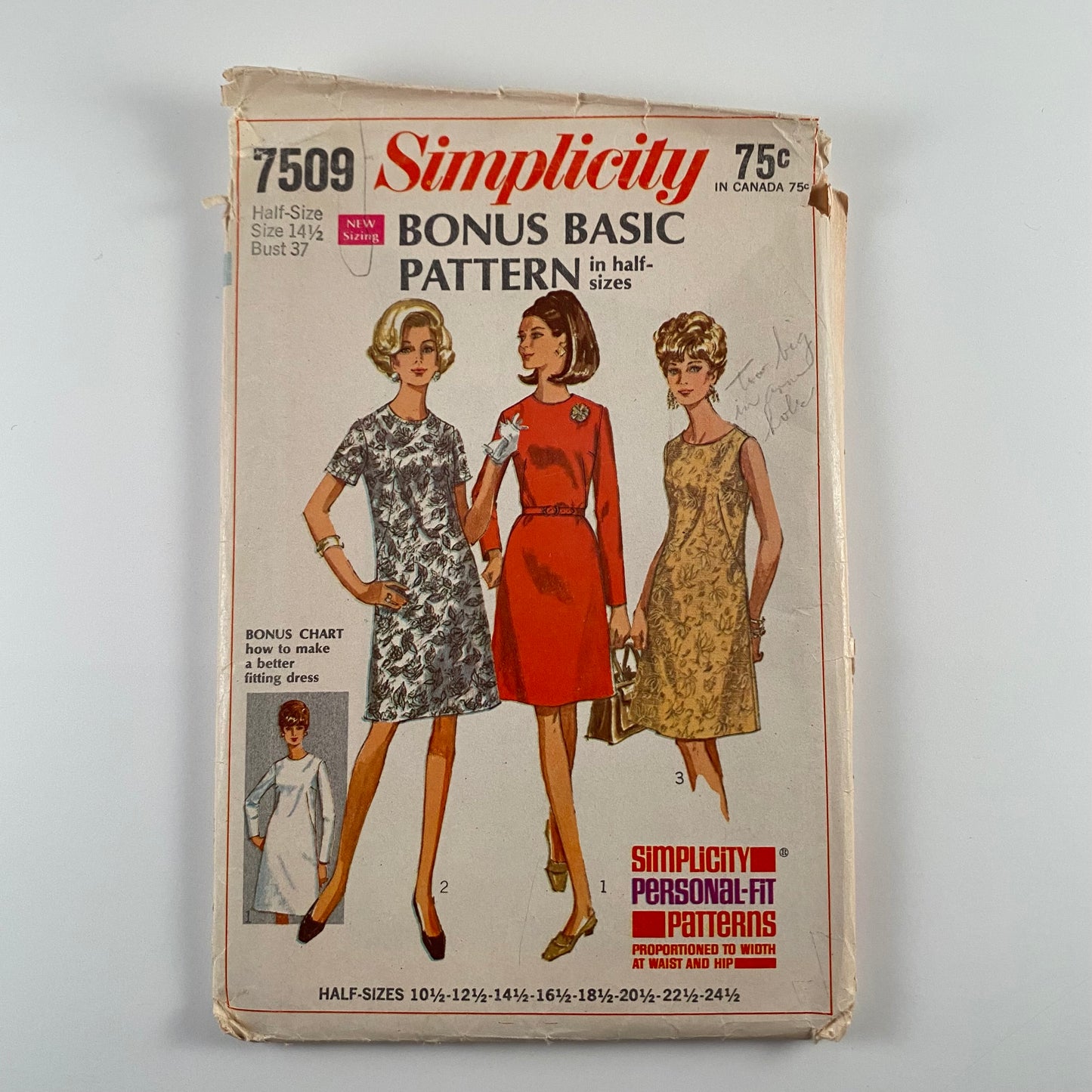 1967 Simplicity Bonus Basic Dress Pattern 7509