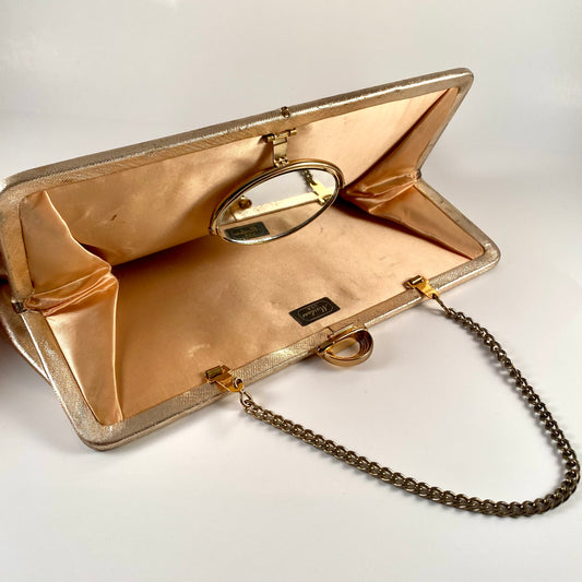 Late 60s/ Early 70s Mardane Gold Clutch With Interior Mirror