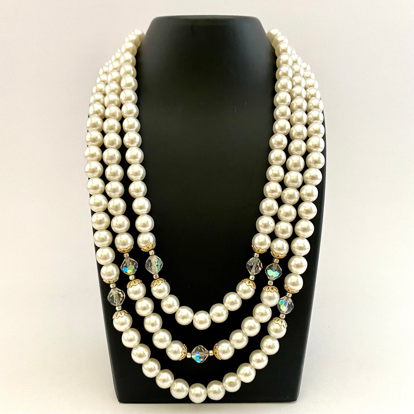 1960s Japan Faux Pearl & Crystal Bead Necklace