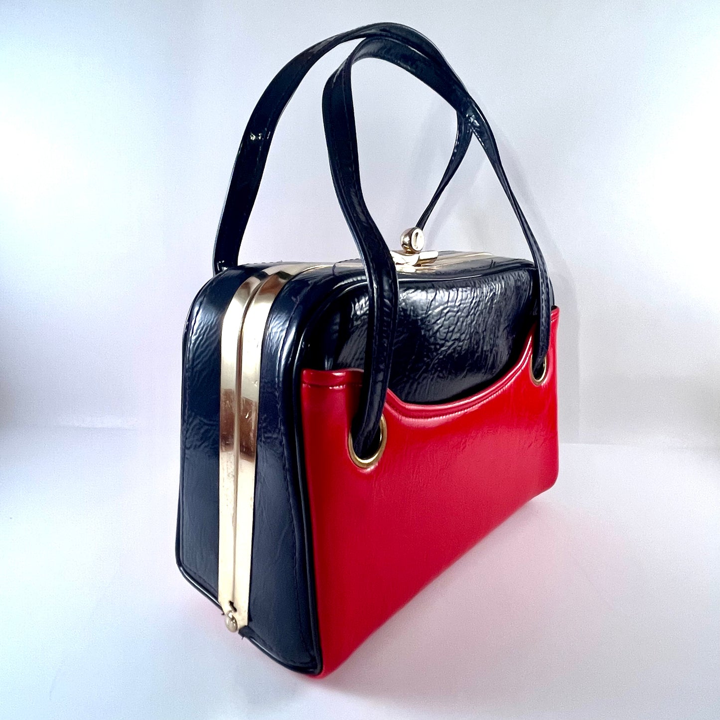 1960s Navy & Red Patent Leather Box Handbag