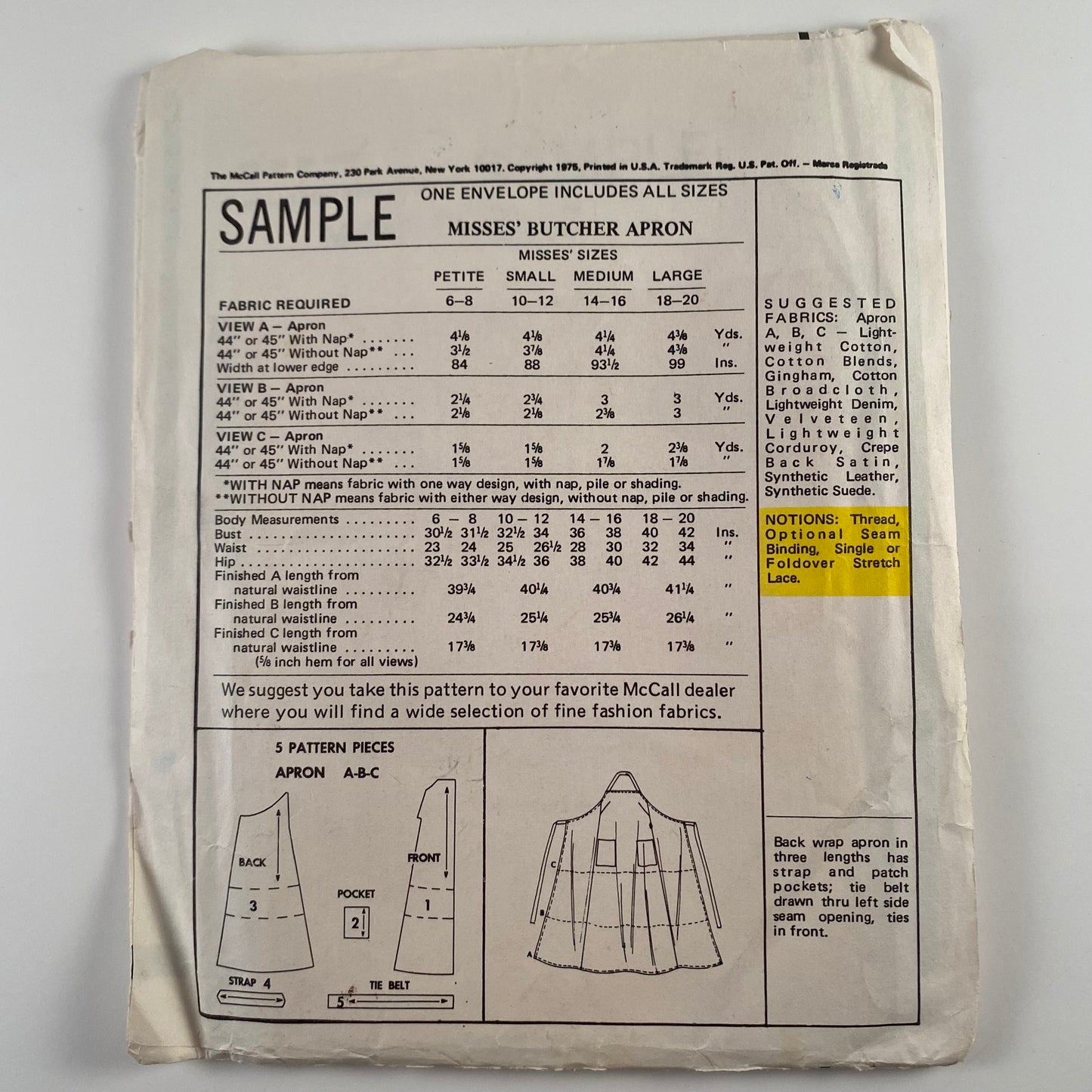 1970s McCall's Misses' Butcher Apron Sample Pattern- Uncut