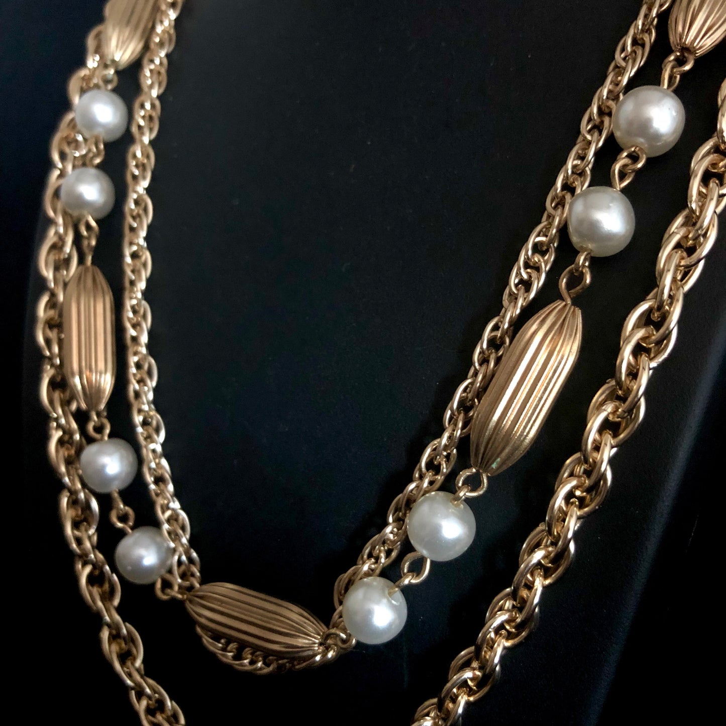 1960s Coro Gold & Pearl 3 Strand Necklace - Retro Kandy Vintage