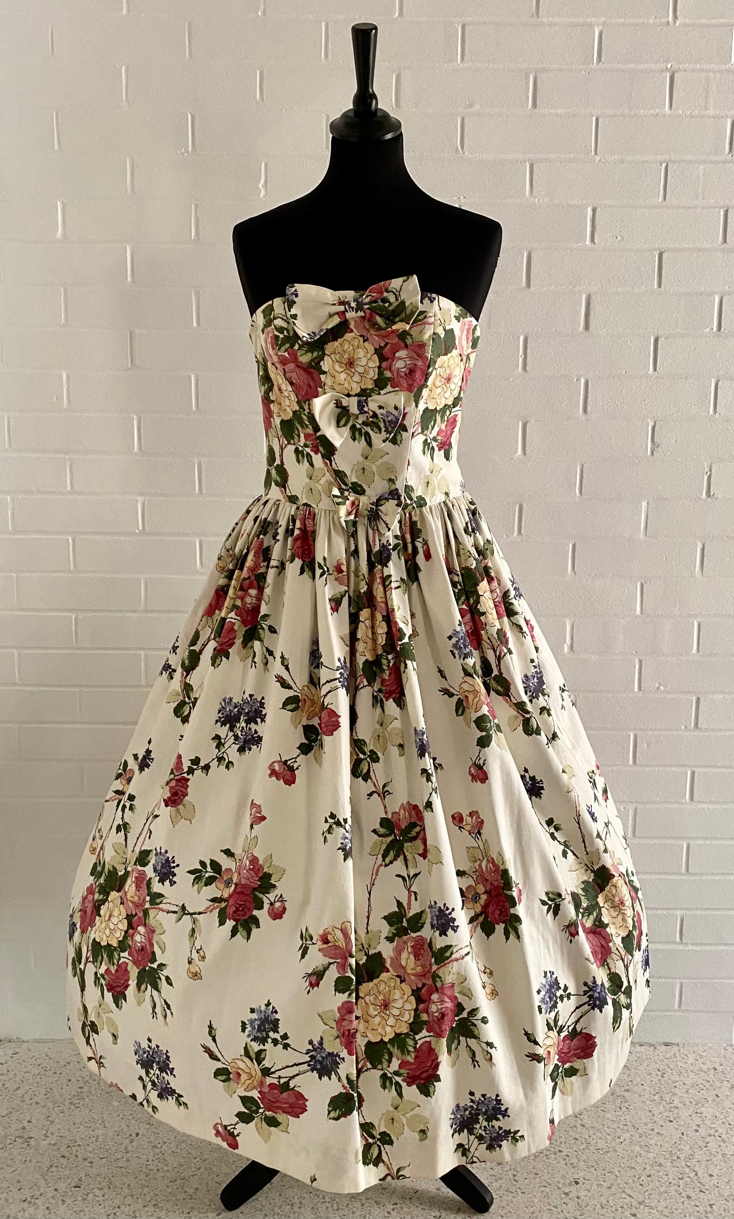 1980s S.G.Gilbert Strapless Flowered Dress