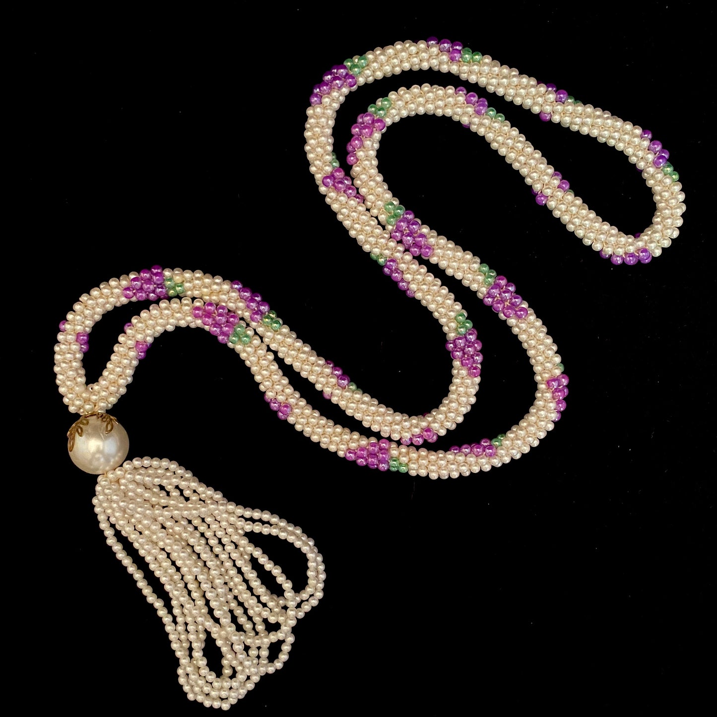1960s Woven Pearl Bead Necklace With Tassel