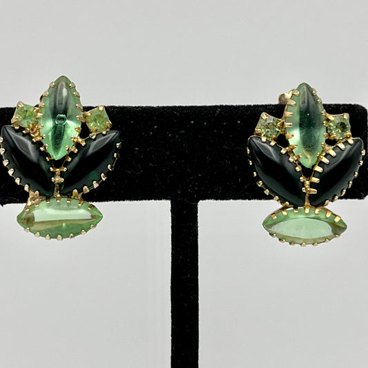 1960s Green Navette Rhinestone Earrings