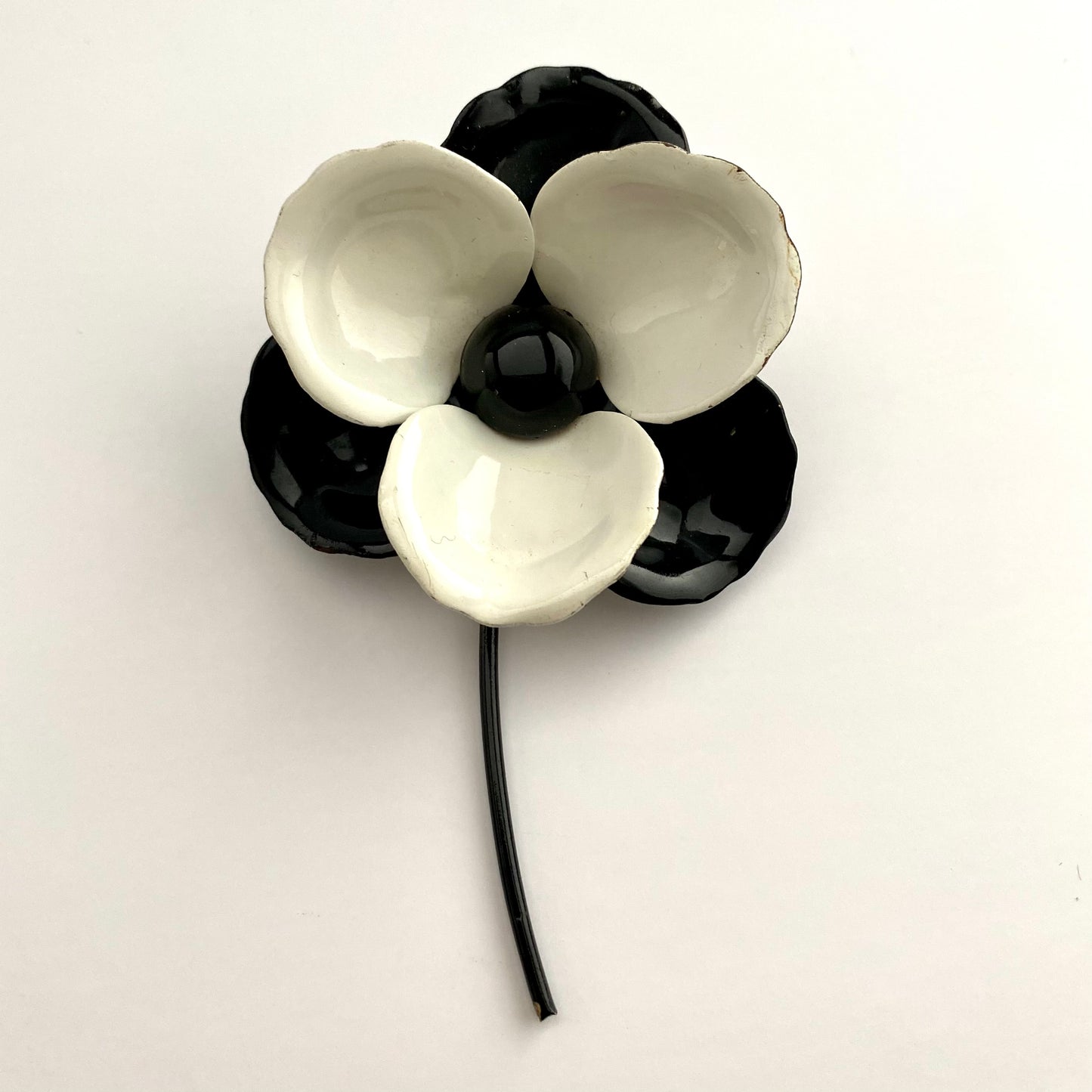 Late 60s/ Early 70s Black & White Enamel Flower Brooch