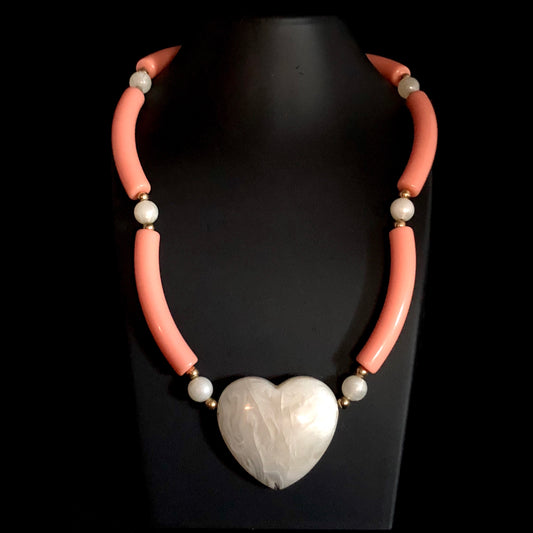 1988 Avon Modern Heart Necklace, Peach/White - Retro Kandy Vintage