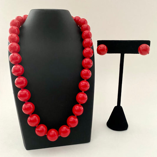 1980s Japan Red Bead Necklace & Earrings