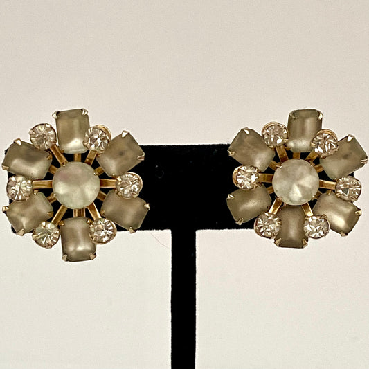 1960s Frosted Stone & Rhinestone Earrings