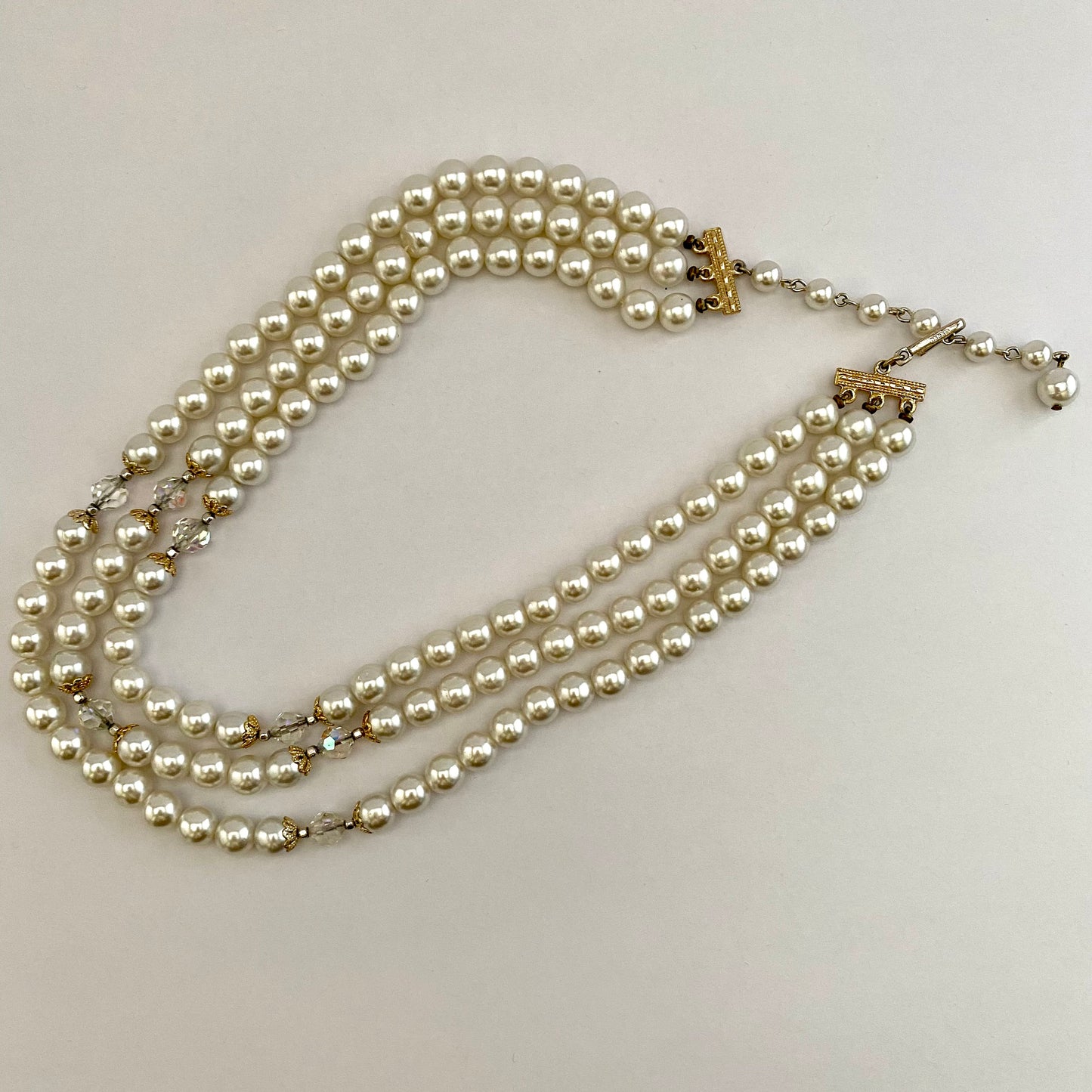 1960s Japan Faux Pearl & Crystal Bead Necklace