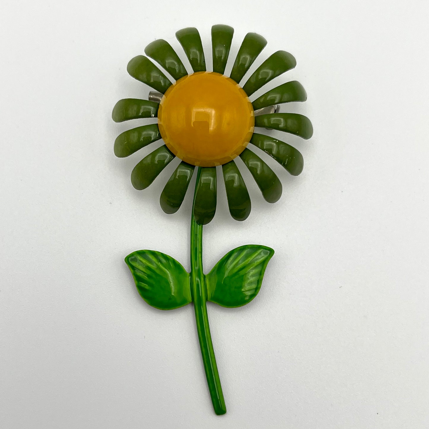 Late 60s/ Early 70s Olive Green Enamel Flower Pin